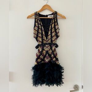 Over the top Showgirl Carnival Style Sequin Mini Dress with Feathers